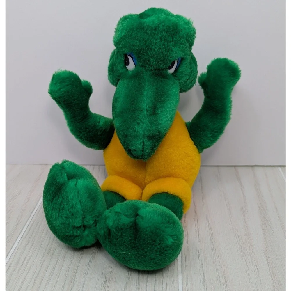 Ace Novelty Plush Green Yellow Vintage Turtle Plastic eyes red stitched mouth